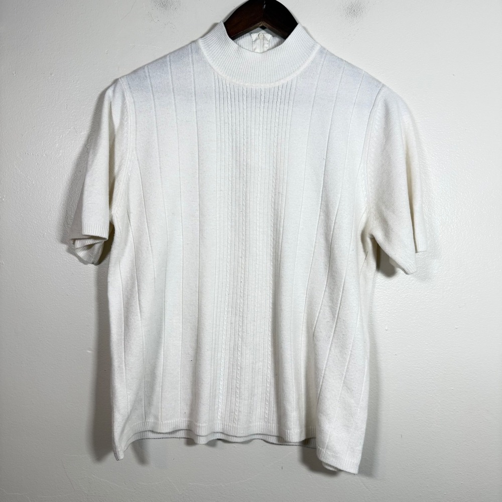 Koret Ribbed Mock Neck Short Sleeve Zipper Back Sweater Size Large Cream